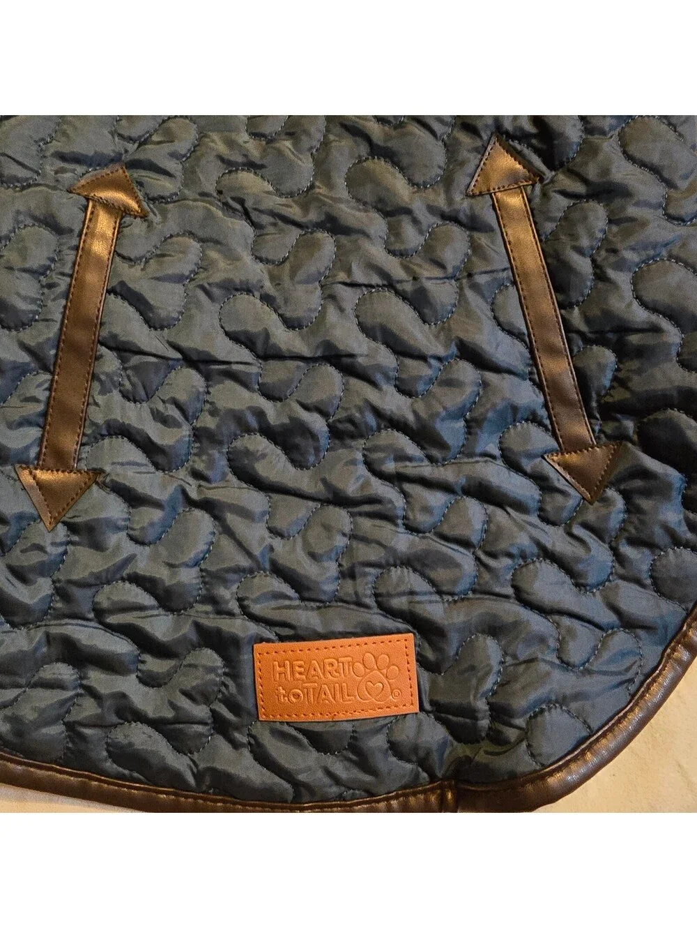 Heart to Tail Quilted Dog Coat in Navy Blue with Faux Leather Trim